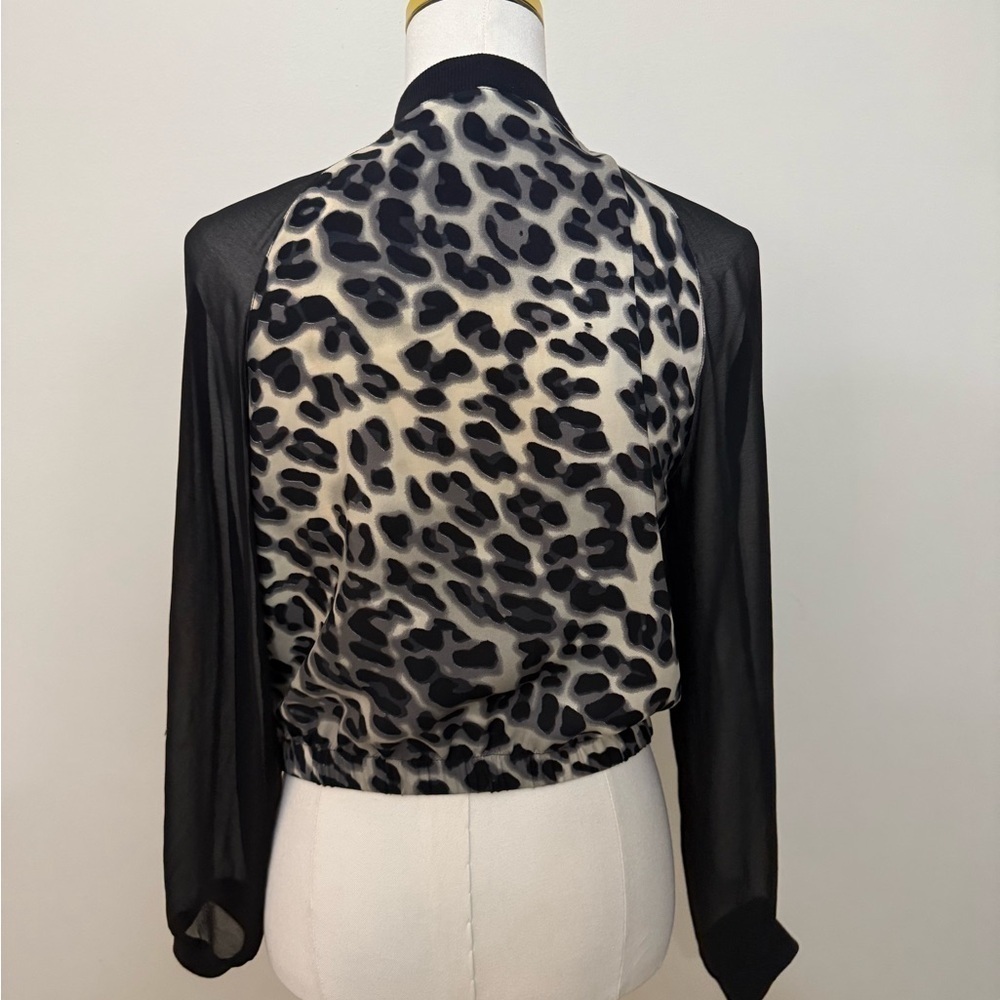 Leopard Print Sheer Sleeve Bomber Jacket Grunge Y2K - Picture 7 of 8